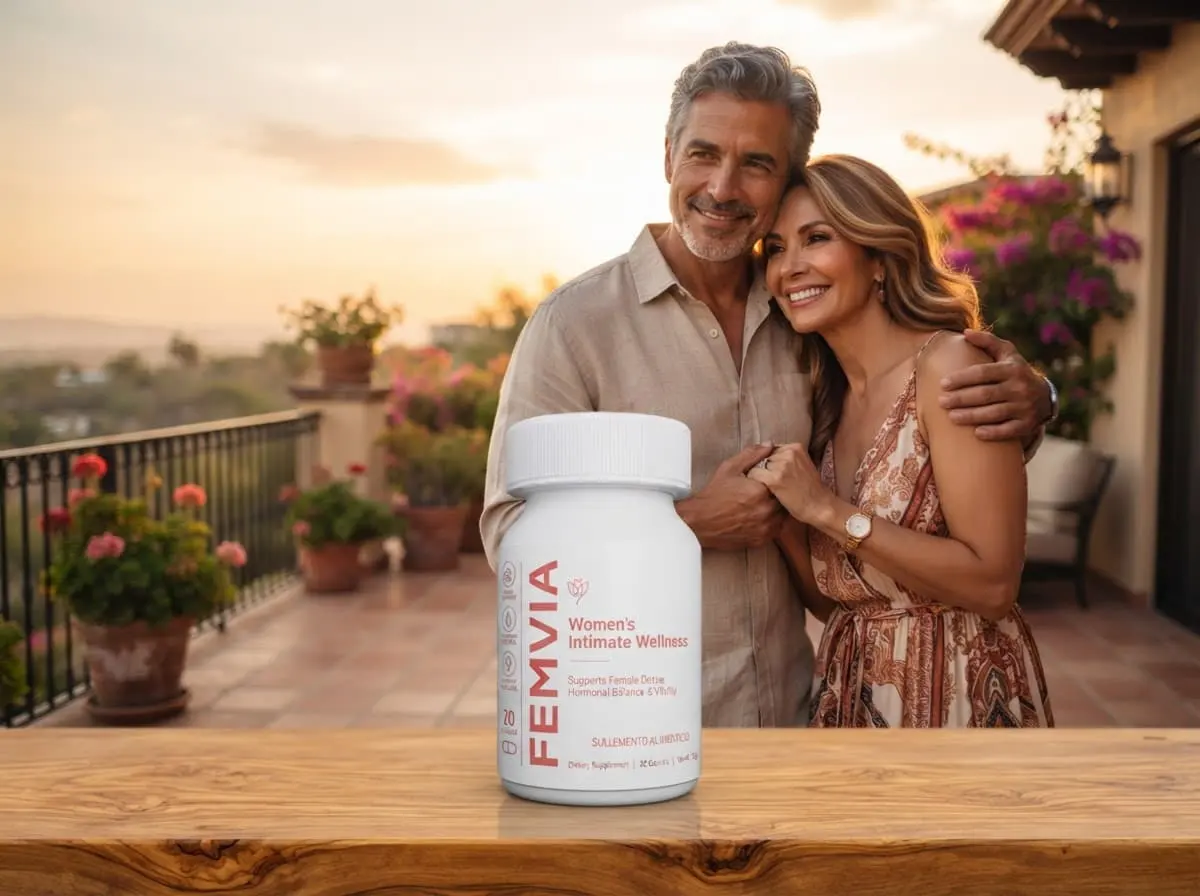 Pareja madura abrazada en una terraza al atardecer, con el frasco de Femvia en la mesa