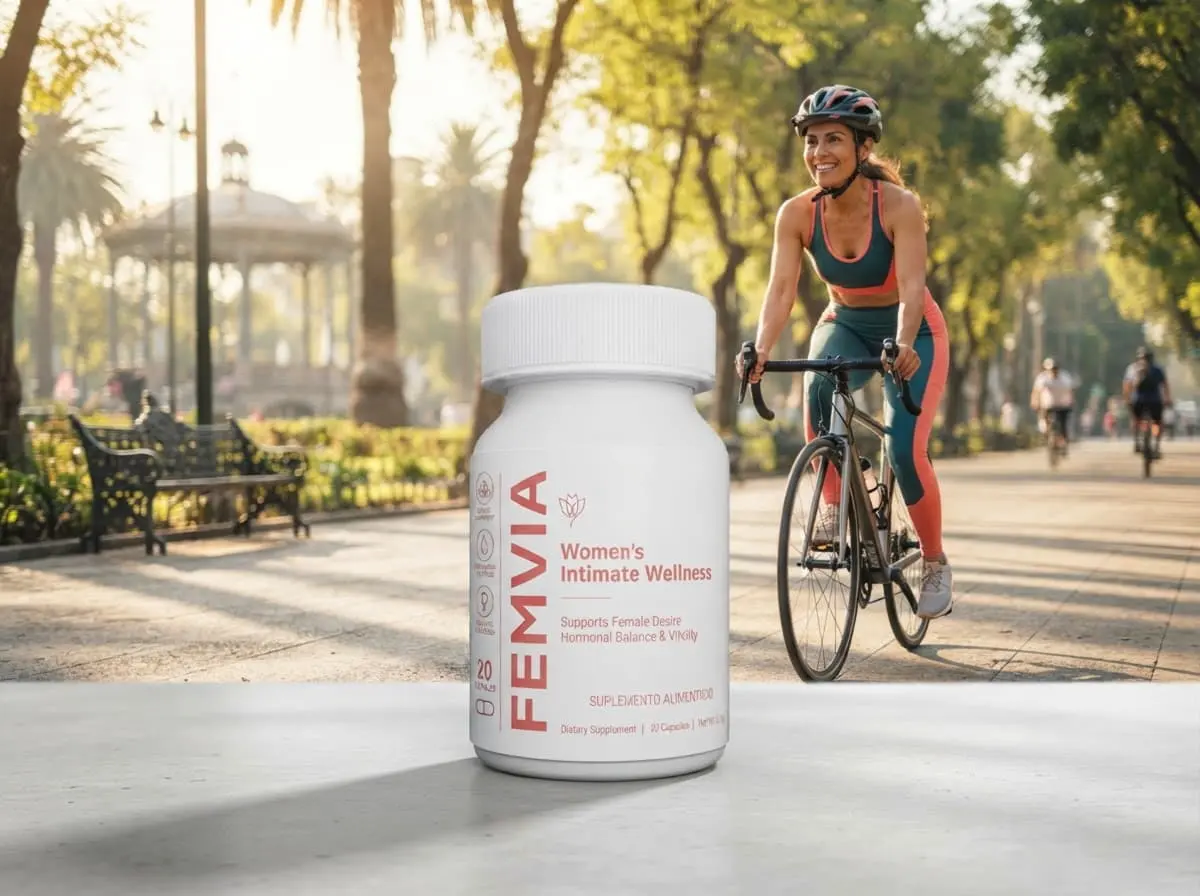 Mujer en bicicleta por un parque, con el frasco de Femvia en primer plano