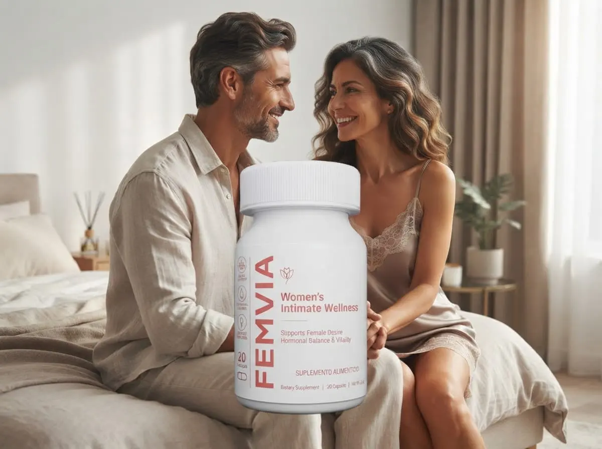 Pareja en un momento de complicidad en casa, con el frasco de Femvia