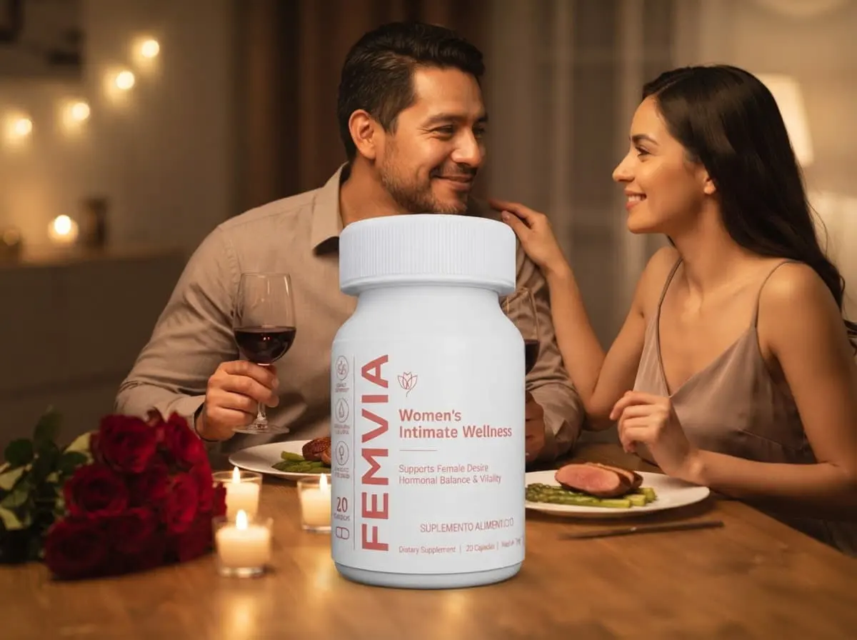 Pareja disfrutando una cena tranquila en casa con el frasco de Femvia