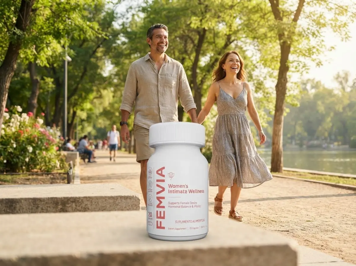 Pareja caminando por un parque con el frasco de Femvia en primer plano