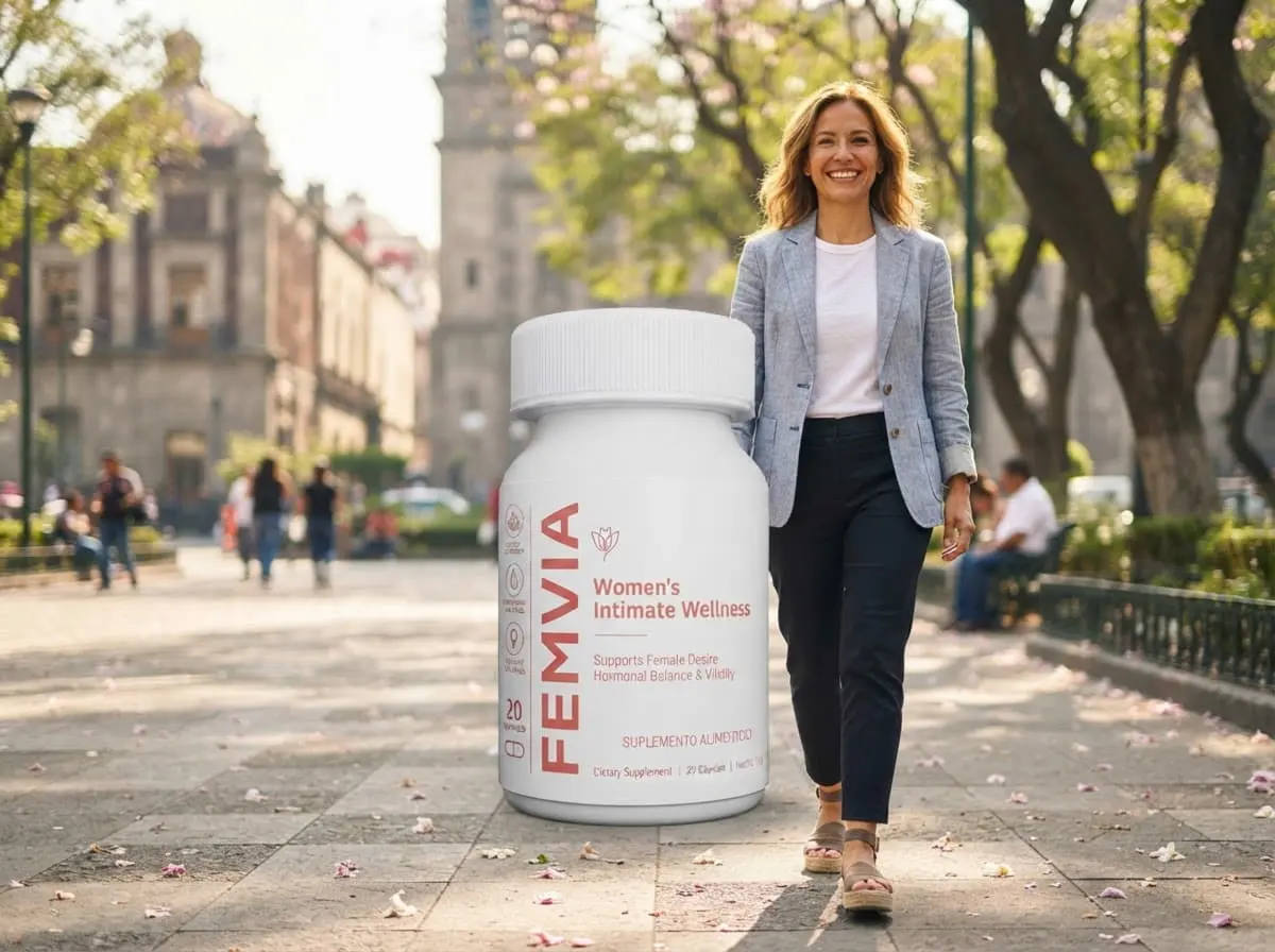 Mujer caminando por la ciudad con el frasco de Femvia en primer plano