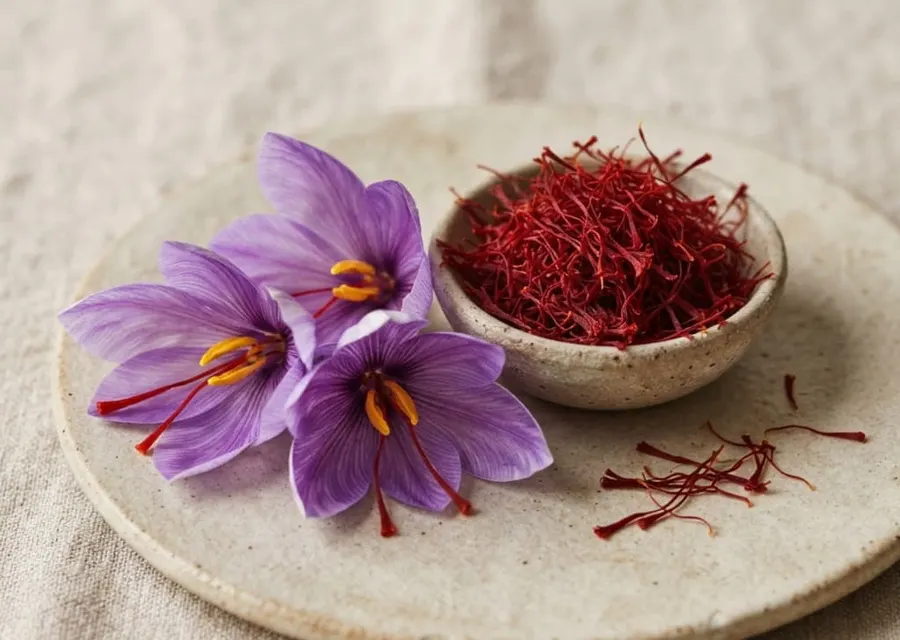 Estigmas de azafrán y flores de Crocus sativus